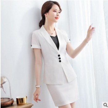 短袖职业套装女夏季无领小西服套裙短款珠宝店销售员工作服两件套图1