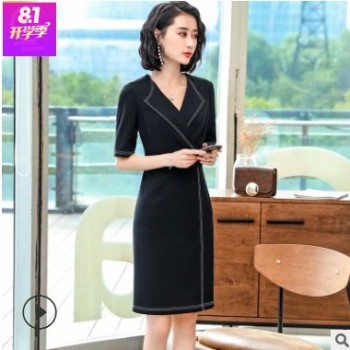 2019春夏新款连衣裙女短袖气质职业套裙美容院幼师蓝色工作服批发图1