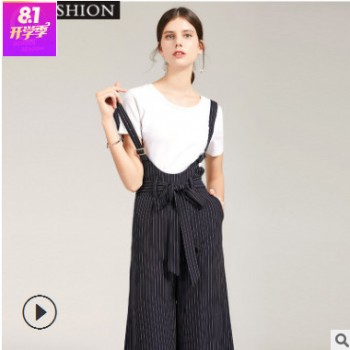 时尚套装 2019夏季新款女装连体阔腿裤背带裤两件套爆款 厂家直销图1