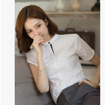 厂家直销短袖立领白衬衫女夏2019新款职业修身工作服工装正装夏装