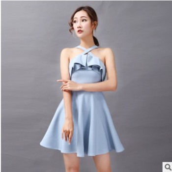 2019夏季新款吊带挂脖连衣裙女矮小个子派对蓝色小礼服短款裙子