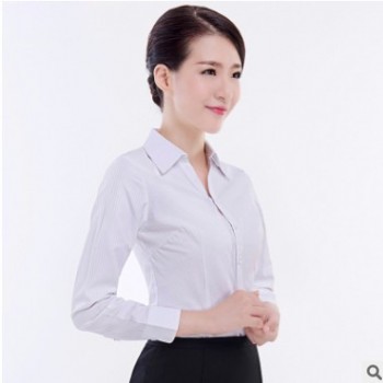 蓝条纹白领长袖男女同款衬衫 免烫防皱高档时尚衬衫 商务大码衬衫