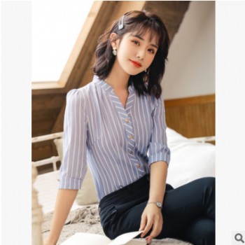 面试正装房地产销售经理工作服中袖v领条纹衬衫女职业装时尚衬衣