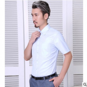 2019夏季免烫短袖衬衣男蓝韩版修身棉职业装时尚潮流定制厂家批发图1
