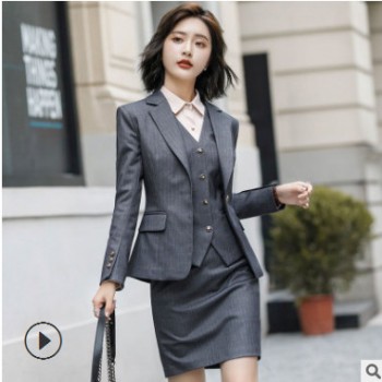 职业装女2018新款秋季长袖时尚气质英伦女士正装套裙条纹西装套装