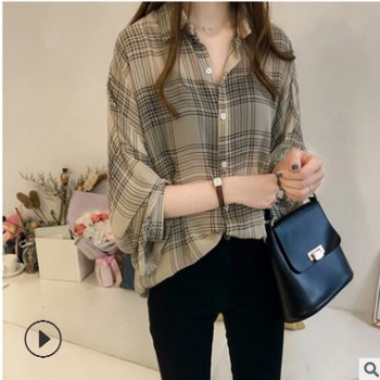2019春季女装新款chci宽松BF格子衬衫女长袖港味上衣韩范衬衣外套