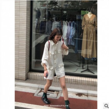 网红2019夏新款韩版复古 宽松工装风果实扣帅气多口袋白衬衫女潮