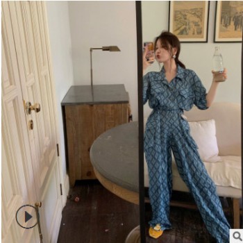 网红同款时尚网红格子连体裤女夏装2019新款高腰阔腿裤雪纺连衣裤