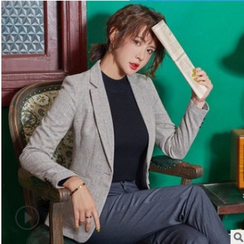 格纹小西装女2019秋冬新款高端韩范休闲单扣小西服气质修身女外套图1