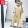 [欧玛莱]2019夏季女装宽松娃娃领百褶下摆短袖韩版时尚连衣裙1467