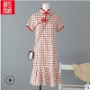 [欧玛莱]中国风复古改良版旗袍格子荷叶边短袖立领连衣裙1505