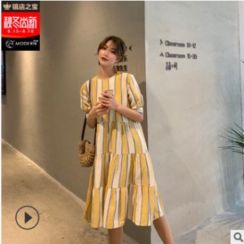 竖条纹连衣裙中长款娃娃裙宽松韩版甜美a字格子连衣裙chic韩版图1