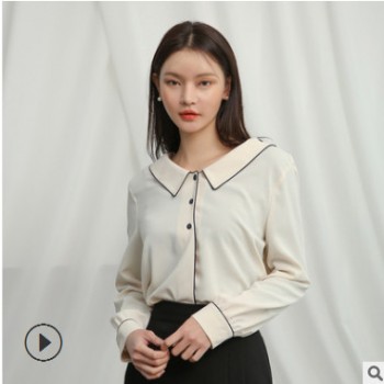 2019秋冬纯色长袖衬衫加工定制韩版通勤镶边女衬衣来图来样加工厂