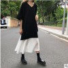实拍2018夏宽松V领黑色短袖连衣裙下摆拼接长裙女