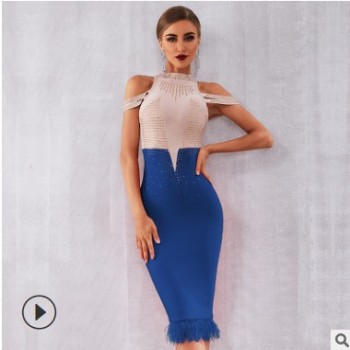 优雅红色露肩性感羽毛Bodycon Club Bead明星连衣裙派对连衣裙