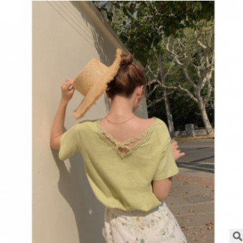 短袖V领T恤女2019夏新款韩版宽松蕾丝拼接纯色后背交叉上衣A6950图1