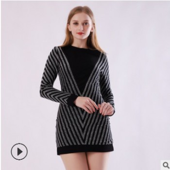 新款时尚欧美风性感对条超短裙包臀裙 衣服女新场女装连衣裙定制图1