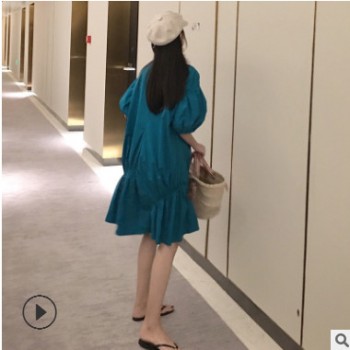 网红连衣裙女夏2019新款蓝色中长款超仙韩版灯笼袖显瘦宽松裙子潮图1