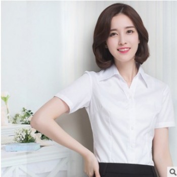 女士短袖V领衬衫 暗斜纹商务修身白衬衣 OL白领职业装图1
