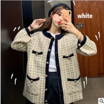 外套女2019新款秋装韩版宽松百搭显瘦长袖时尚撞色格子毛衣针织衫