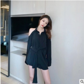 实拍2019新款设计感心机上衣洋气露肩挂脖衬衫图1