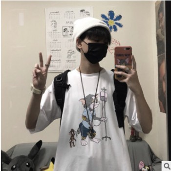 韩国复古原宿猫和老鼠卡通恶搞印花宽松短袖t恤男女潮情侣款