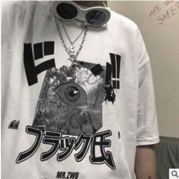 韩国INS同款复古BF风日系漫画印花宽松短袖t恤男女潮情侣款