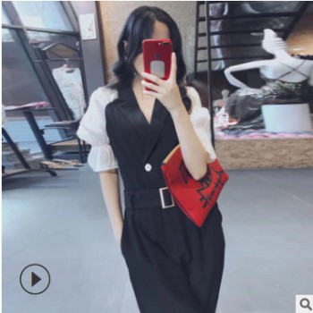 厂家直销气质拼接套装女2019早秋新款时尚泡泡袖西装领修身两件套