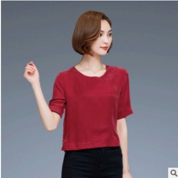 宽松韩版短款铜氨丝上衣2019夏季新款短袖显瘦女装圆领T恤衫批发图1