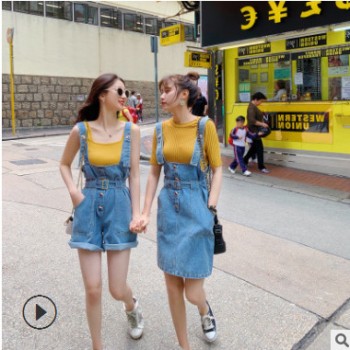 牛仔裤女2019春款闺蜜装网红牛仔背带裤女韩版宽松高腰连体短裤夏图1