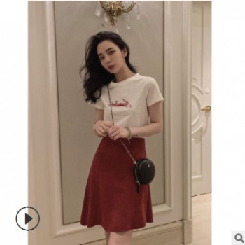 短袖t恤女2019春韩版新款宽松白色ins潮高腰a字半身裙套装潮图1