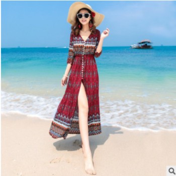 夏季新品女装泰国风七分袖宽松连衣裙长裙波西米亚海边度假沙滩裙