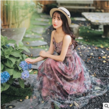 实拍 花朵法式复古裙过膝仙女吊带裙ins网红度假网纱蓬蓬连衣裙女