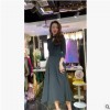 欧洲站女装2019新款时尚气质V领纯色交叉绑带连衣裙棉裙七分袖女