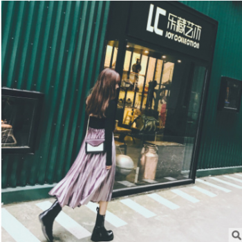 秋冬松紧腰金属色百褶裙女中长款纯色金丝绒半身裙A字裙子图1