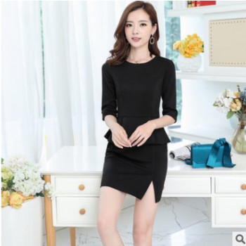 春秋新款美容师工作服连衣裙OL气质白领面试职业装女中袖假两件套图1