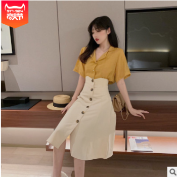 洋气两件套宽松短袖衬衫上衣+显瘦半身裙时尚套装女夏季2019新款图1