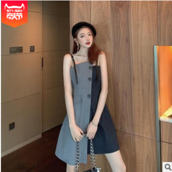 拼接不对称吊带裙女气质修身显瘦收腰连衣裙夏季2019新款中裙子图1