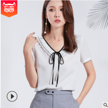 韩版2019夏季新品女装木耳边V领短袖小衫女气质雪纺衬衫一件代发图1