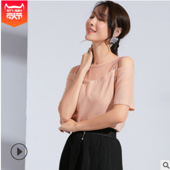 2019夏季新款时尚女装圆领套头透视网纱拼接小衫性感百搭雪纺衫图1