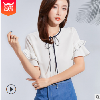 2019夏季新品韩版气质蝴蝶结绑带荷叶边遮肉短袖雪纺衫一件代发图1