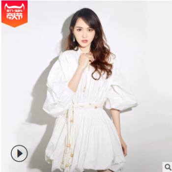 春装连衣裙2019款女唐嫣明星同款束腰系带灯笼袖白色V领连衣裙仙图1