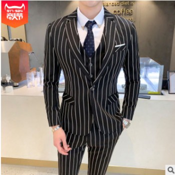 男士休闲西服套装商务韩版修身款职业正装西装结婚新郎礼服三件套图1