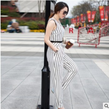 2016夏季新款女装韩版气质修身条纹女式时尚连身裤休闲套装