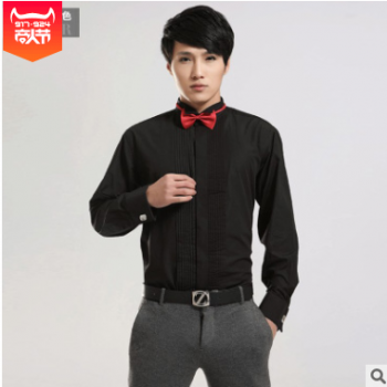 男士新郎结婚礼服衬衫立领法式袖扣衬衫一件代发演出衬衣配送领结图1