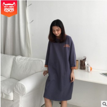 夏季小字母七分袖中长款连衣裙女 韩版水洗棉做旧拼色懒人裙t裙潮