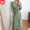 899一件代发2018夏季格子打底裙中长款五分袖棉麻系带连衣裙女