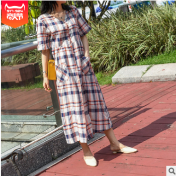 2019韩国慵懒风复古宽松型V领短袖加长连体衬衫裙 现货 1019