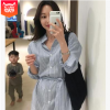 女装气质开衩摆系带条纹衬衫裙女中长款宽松衬衣棉麻连衣裙
