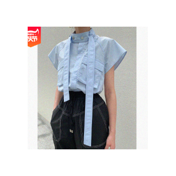 小景2019夏秋新款女小众设计感飘带立领宽松短袖衬衫图1